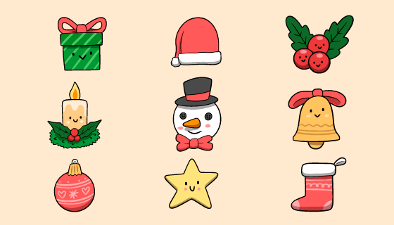 九个手绘风格的圣诞节元素矢量素材(AI/EPS/PNG)