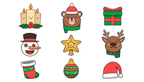 九个手绘风格的圣诞节元素矢量素材(AI/EPS/PNG)