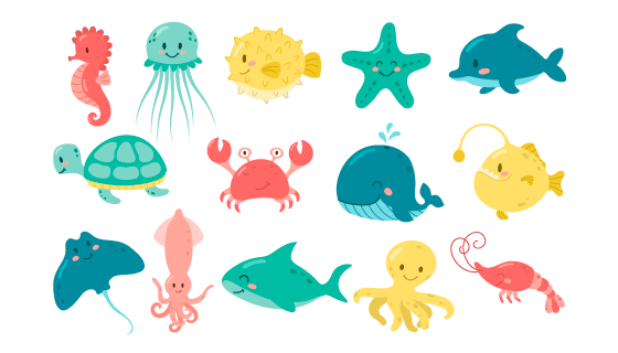 扁平风格可爱的海洋动物矢量素材(EPS/PNG)
