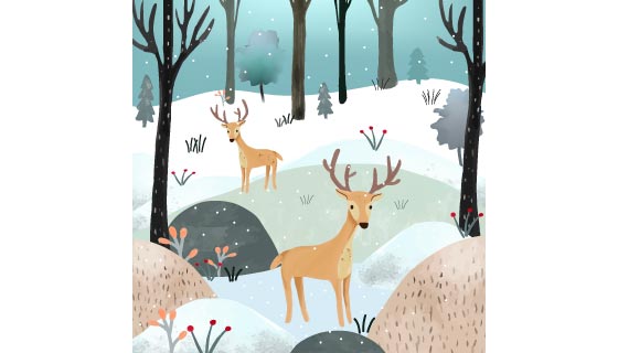 冬天雪地上的两只小鹿矢量素材(EPS)