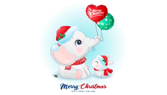 开心庆祝圣诞节的大象和小白兔矢量素材(EPS)