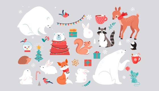庆祝圣诞节的动物们和各种各样的圣诞节装饰矢量素材(EPS/PNG)