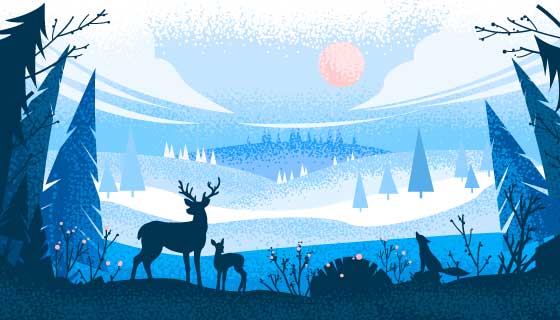 驯鹿狐狸和松树设计冬季剪影景观矢量素材(EPS)