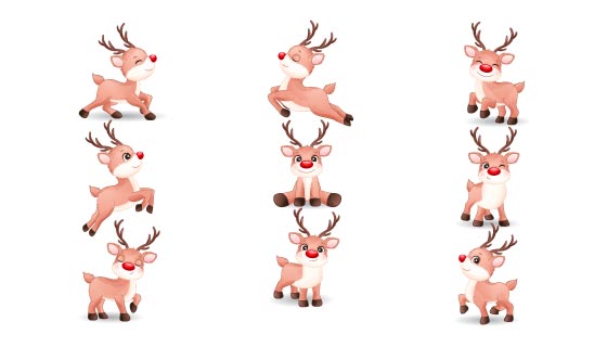 九种不同姿势的可爱驯鹿矢量素材(EPS/PNG)