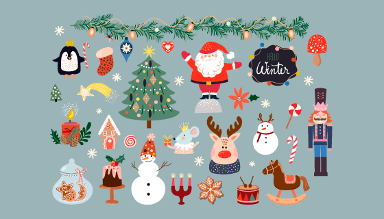 扁平风格的圣诞节人物和元素矢量素材(EPS/PNG)