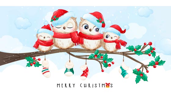 穿着圣诞装扮的可爱猫头鹰矢量素材(EPS)