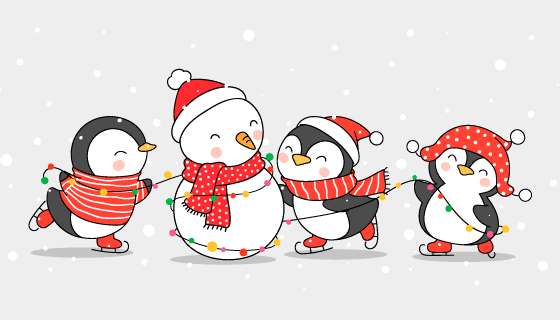 堆雪人庆祝圣诞节快乐的企鹅们矢量素材(EPS)