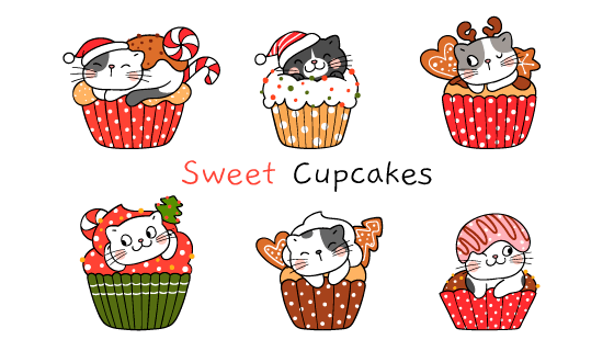 趴在蛋糕上的的可爱圣诞猫咪矢量素材(EPS/PNG)