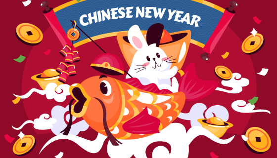 兔子金鱼和元宝等设计春节快乐背景矢量素材(AI/EPS)