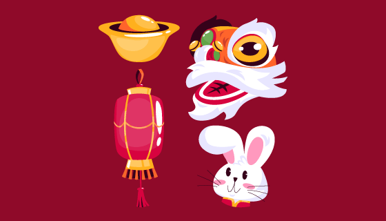 元宝灯笼舞狮和兔子四个春节元素矢量素材(AI/EPS/PNG)