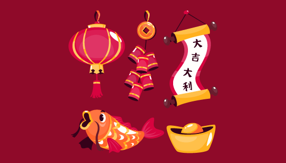 灯笼爆竹对联金鱼元宝春节元素矢量素材(AI/EPS/PNG)