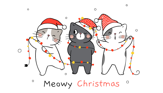 带着圣诞帽装扮彩灯的猫咪矢量素材(EPS/PNG)