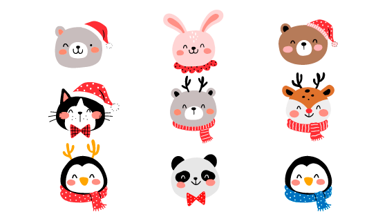 带着圣诞帽或围着围巾的动物头像矢量素材(EPS/PNG)