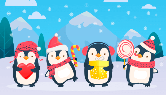 雪地里庆祝圣诞节的企鹅矢量素材(EPS)