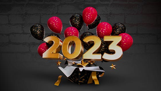 金色数字和多彩气球设计2023新年快乐背景素材(PSD)