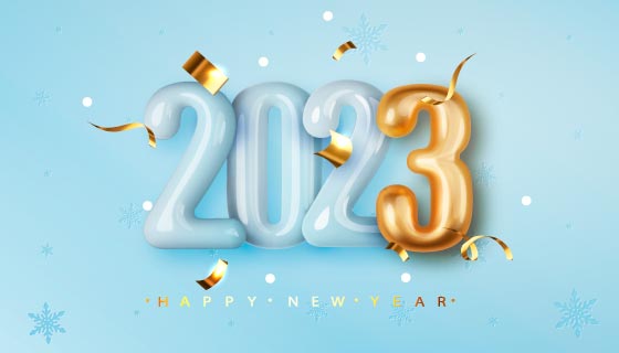 淡蓝色和金色数字气球2023新年快乐背景矢量素材(EPS)