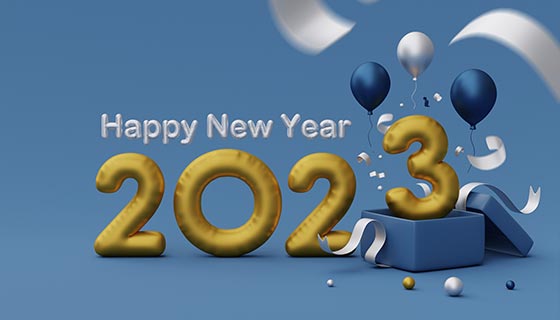 逼真立体的礼物和数字设计2023新年快乐背景(JPG)