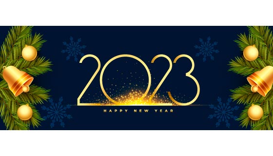 松枝和铃铛等设计2023新年快乐banner矢量素材(EPS)