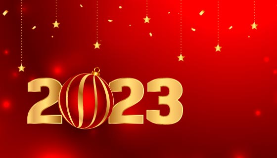 圣诞球和金色数字设计红色2023新年快乐banner矢量素材(EPS)