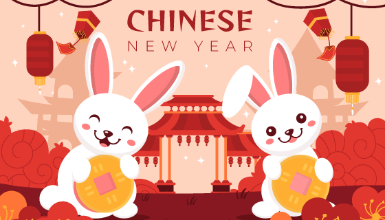 抱着金币开心庆祝春节的兔子矢量素材(AI/EPS)