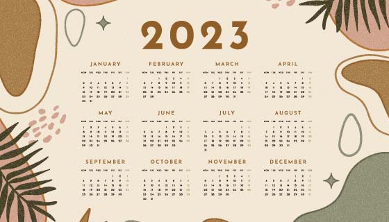 抽象形状和植物设计2023年日历月历矢量素材(AI/EPS)