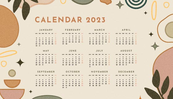 抽象形状和植物设计2023年日历月历矢量素材(AI/EPS)