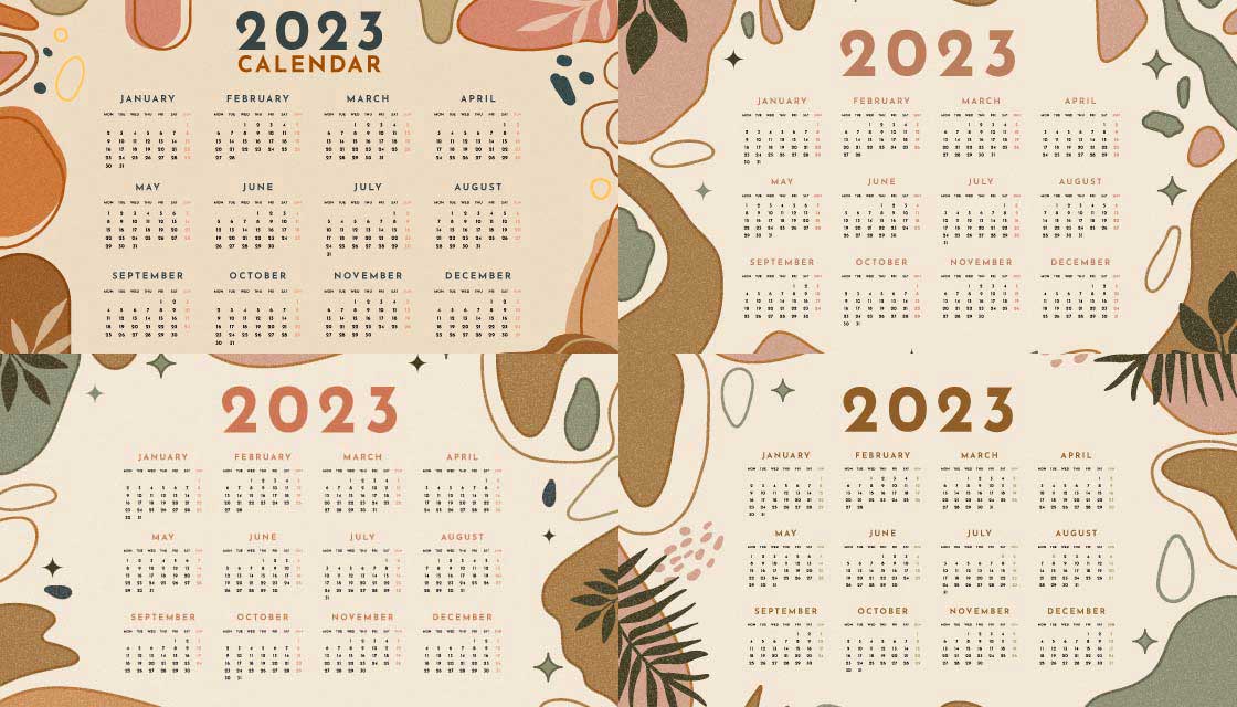 「素材包」12个抽象形状和植物设计2023年日历月历矢量素材(AI/EPS)