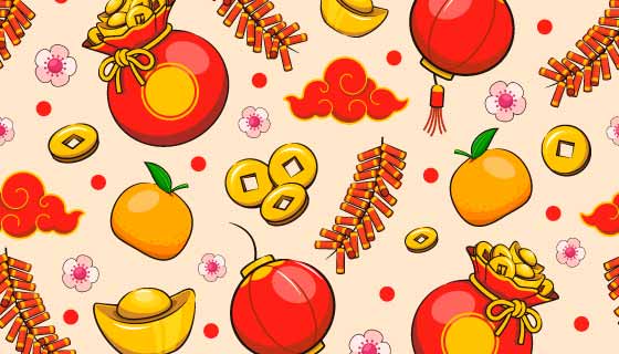 福袋金币元宝灯笼等组成的春节背景矢量素材(EPS)