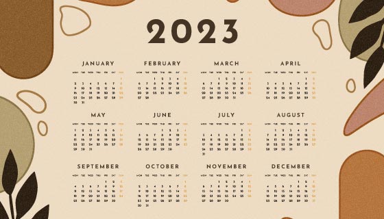 抽象形状和植物设计2023年日历月历矢量素材(AI/EPS)