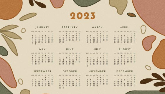 抽象形状和植物设计2023年日历月历矢量素材(AI/EPS)