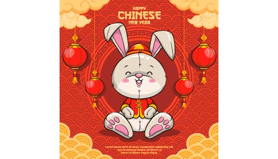开心庆祝春节的兔子设计春节快乐背景矢量素材(EPS)
