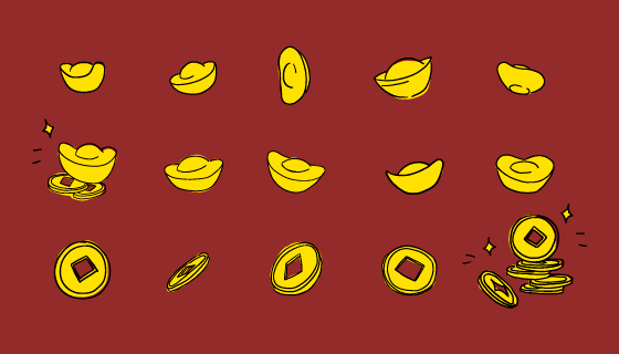 手绘风格的金元宝和金币集合矢量素材(EPS)