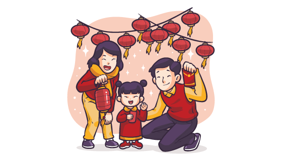 一家三口拿着灯笼和红包庆祝春节矢量素材(EPS)