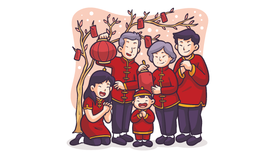 一家五口拿着灯笼和红包庆祝春节矢量素材(EPS)