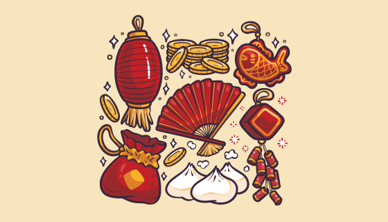 手绘风格的春节元素矢量素材(AI/EPS/PNG)