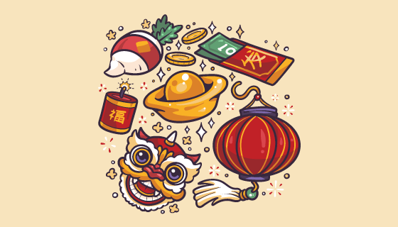 手绘风格的春节元素矢量素材(AI/EPS/PNG)