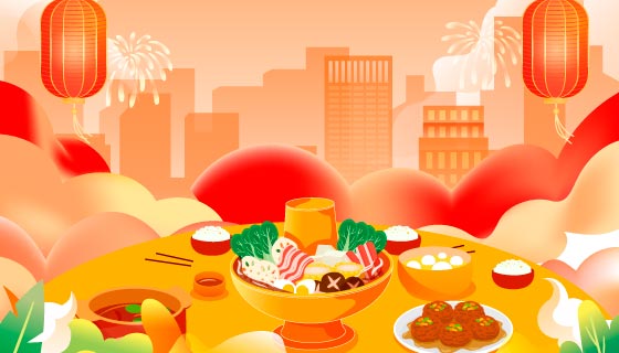 一桌子丰盛的除夕年夜饭矢量素材(EPS)