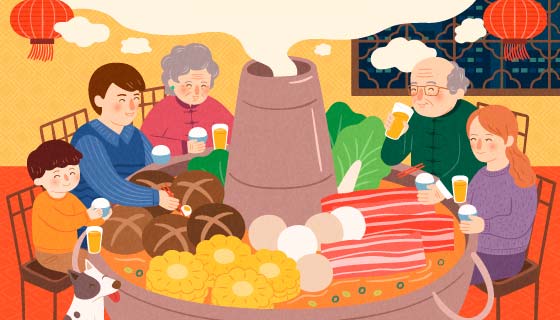 一家五口聚在一起吃年夜饭矢量素材(EPS)